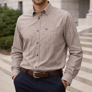 AMERICAN EAGLE OUTFITTERS Men’s Grayish Tan Striped Button Down Shirt XXL Preppy